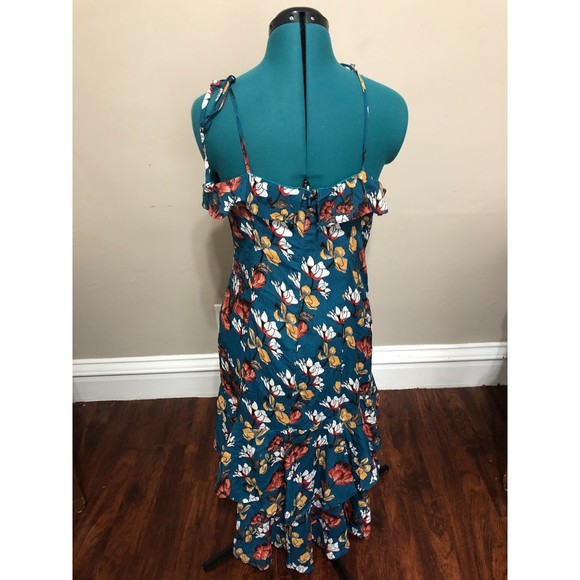 🧺Hayden Teal Floral Print Cold Shoulder High Low Ruffle Midi Dress, L - Picture 5 of 5